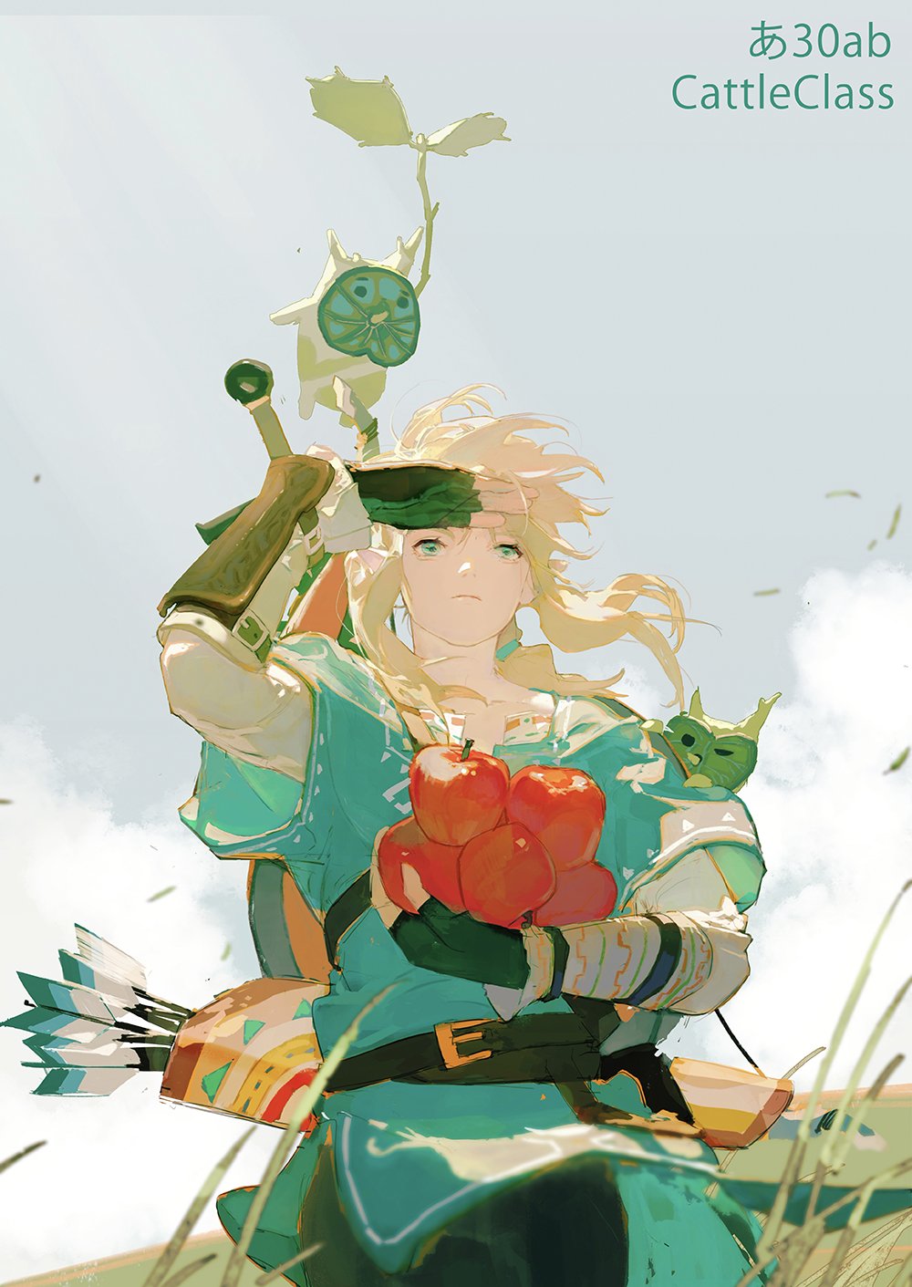 a digital illustration of a cute anime girl with long blonde hair and green eyes, wearing a green outfit and holding a sword, bow and arrow, and apples. she is smiling and standing in a field of grass and flowers, with a blue sky in the background. the image is inspired by the legend of zelda video game series. the girl is likely link, the protagonist of the legend of zelda games, as she is wearing a green outfit and holding a sword. she is holding a bow and arrow, another iconic item from the games. the girl's hair is long and flowing, and she has a sweet smile.  the image is full of vibrant colors and captures the playful spirit of the legend of zelda games.