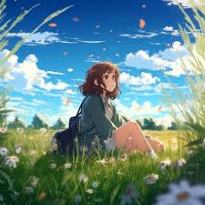 an anime girl with brown hair and a blue jacket sits in a field of grass and flowers. the sky is blue with white clouds. the overall feeling of the image is peaceful and serene.