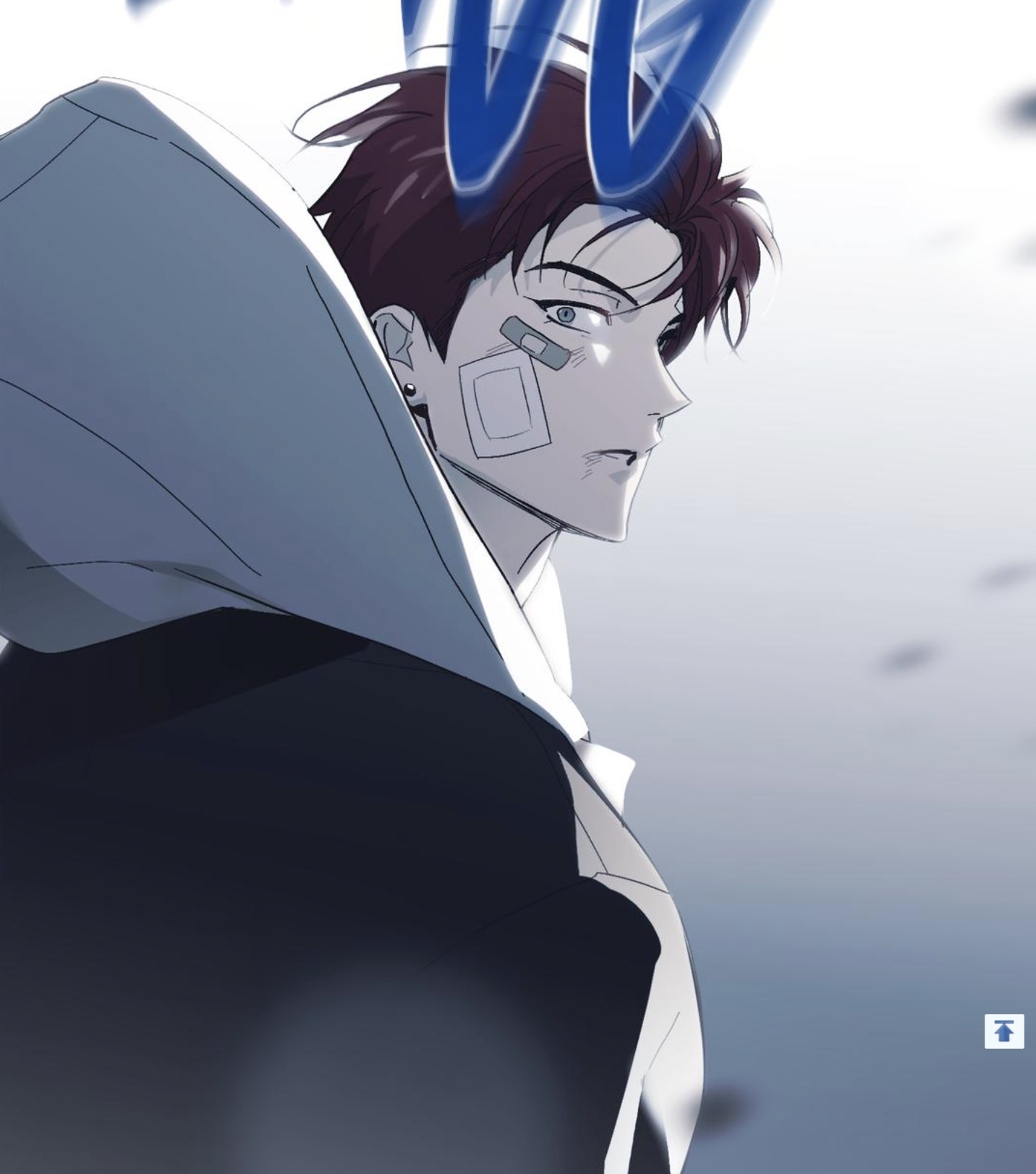 the image is a stylized illustration or digital painting that appears to be from a manhwa (korean webtoon) or anime. it depicts a young man with reddishbrown hair, a serious expression, and a bandage on his cheek. he's wearing a darkcolored hooded jacket, giving off a cool and slightly edgy vibe. the art style is clean and relatively detailed, with a focus on the character’s facial features and posture. the color palette is muted, predominantly featuring blues and grays, which enhances the character's moody atmosphere. the background is mostly indistinct and blurry, directing attention to the main figure. the overall aesthetic suggests a scene from an action or dramatic storyline.