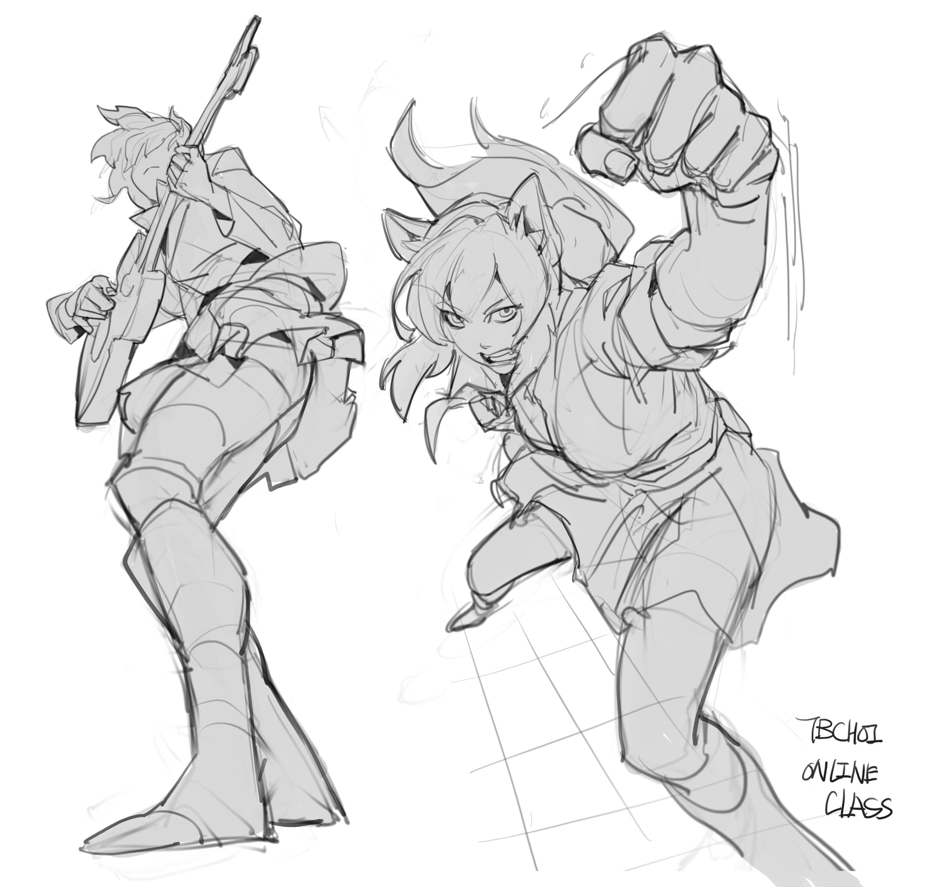 the image contains two dynamic sketches of animestyle female characters.  on the left is a sketch of a girl playing an electric guitar, captured in a lively, energetic pose.  her clothing is suggestive of a school uniform with added stylistic elements.  on the right, a different girl is depicted in a powerful fighting stance, her fist raised, suggesting action or aggression.  both sketches are done in a loose, expressive style with emphasis on movement and gesture rather than precise detail. the linework is light and fluid, characteristic of a quick sketch or concept art. a small text at the bottom right indicates that these are from an "tbchoi online class," suggesting they are student works or examples from a digital art course.  the overall style suggests a focus on character design and dynamic posing within the anime/manga aesthetic.