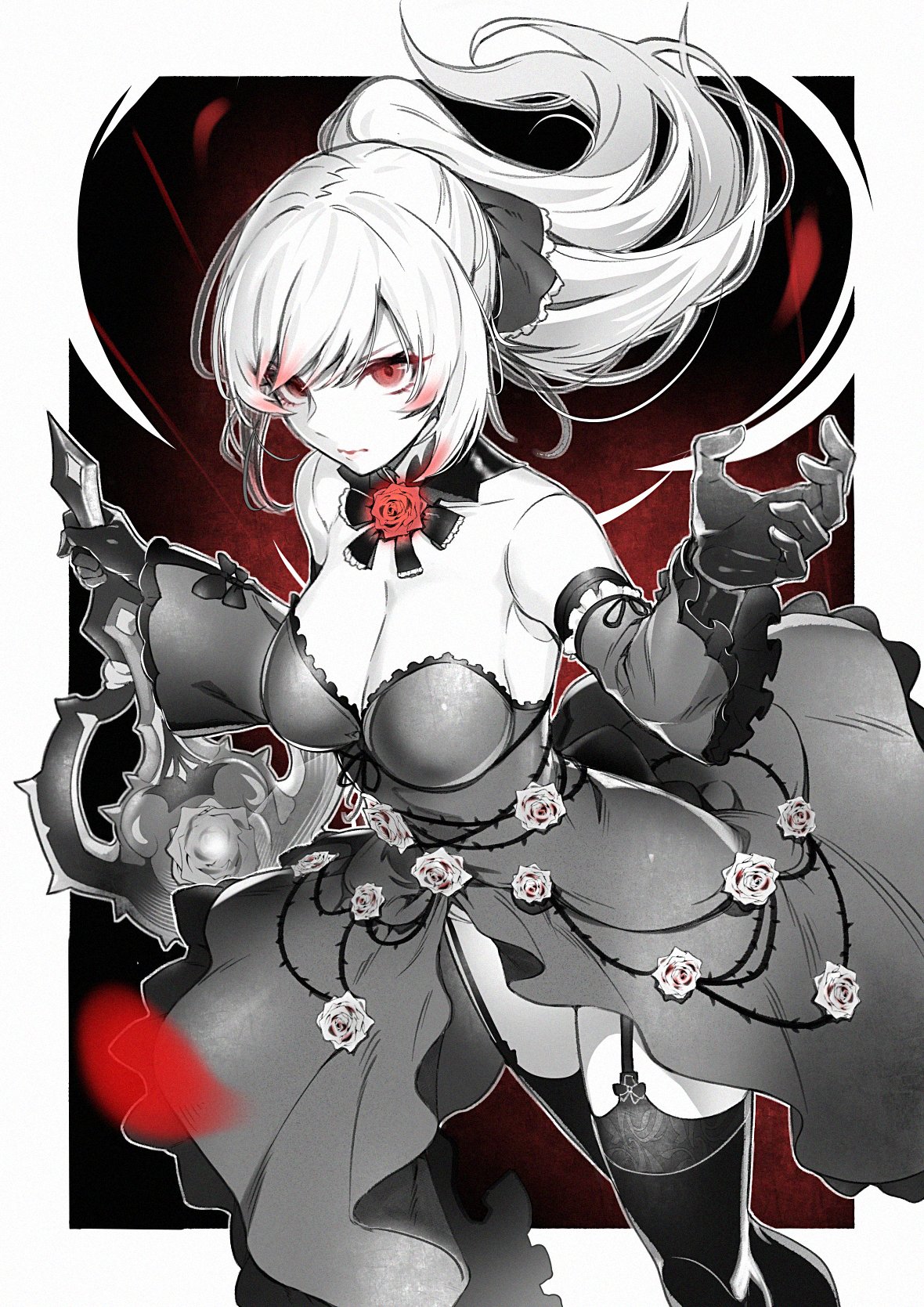 an anime woman with white hair and red eyes is pictured in a grayscale image. she wears a dark dress adorned with roses and thorns, and black gloves. she holds a weapon with roses on it. the background is black with red accents. she also wears thighhigh socks and garters.