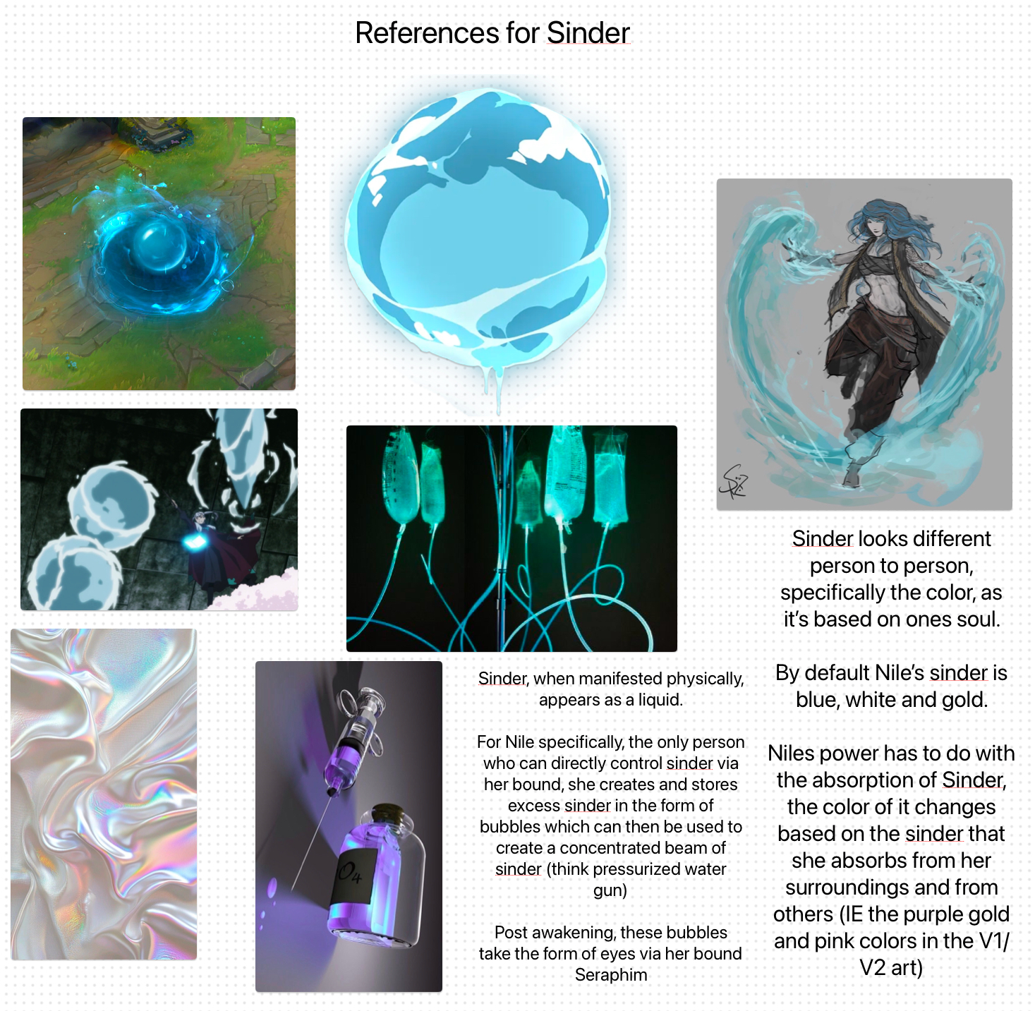 the image is a collection of references for "sinder", which appears to be a magical or supernatural substance. it shows the substance in different forms: as a liquid, as bubbles, and as a power source for a character named nile. the color of sinder varies and is said to be based on one's soul or surroundings. nile can create a concentrated beam of sinder from bubbles and also absorb sinder, which changes its color.