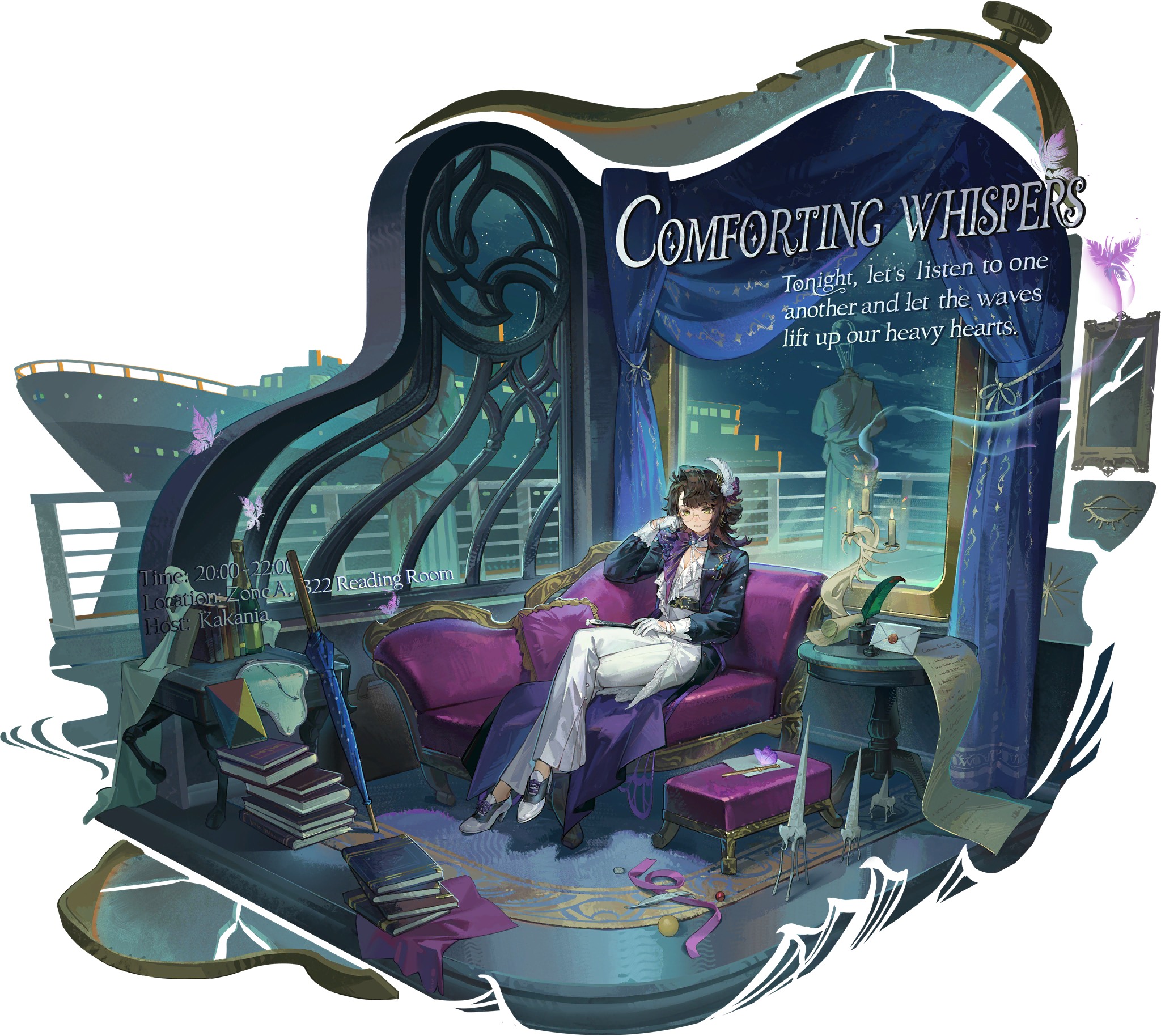 the image is a digital illustration depicting a scene set at night on an ocean liner. a young man with brown hair is seated on a plush purple chaise lounge in an elegantly decorated reading room. the room is dimly lit with candlelight, creating a cozy and serene atmosphere.  large windows showcase a view of the nighttime cityscape and the ocean.  the overall aesthetic leans towards a blend of victorian and gothic styles. the scene is titled "comforting whispers", and text on the image encourages quiet reflection and emotional solace. the image looks like promotional artwork for a game or novel.