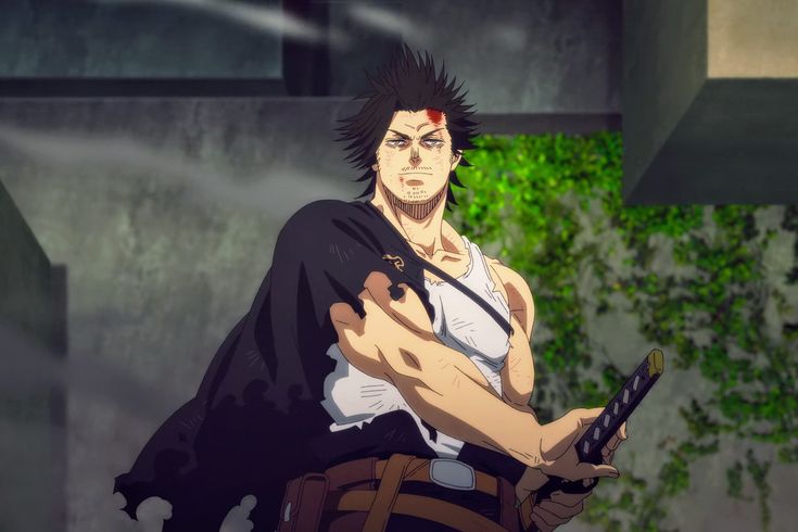 the image features asta from the anime series black clover. he is shown in a serious and determined expression, holding a large sword in his right hand. his left hand is raised to the side, showing off his muscular arm. asta is clad in a darkcolored cloak with ripped edges, a white undershirt, and a darkcolored belt. his hair is spiky and black with a dark red cut above his right eye. the background is blurred, depicting a blurry city backdrop and vegetation. overall, the image portrays asta in a stance of preparedness for a fight, highlighting his determination and power as a magic knight.