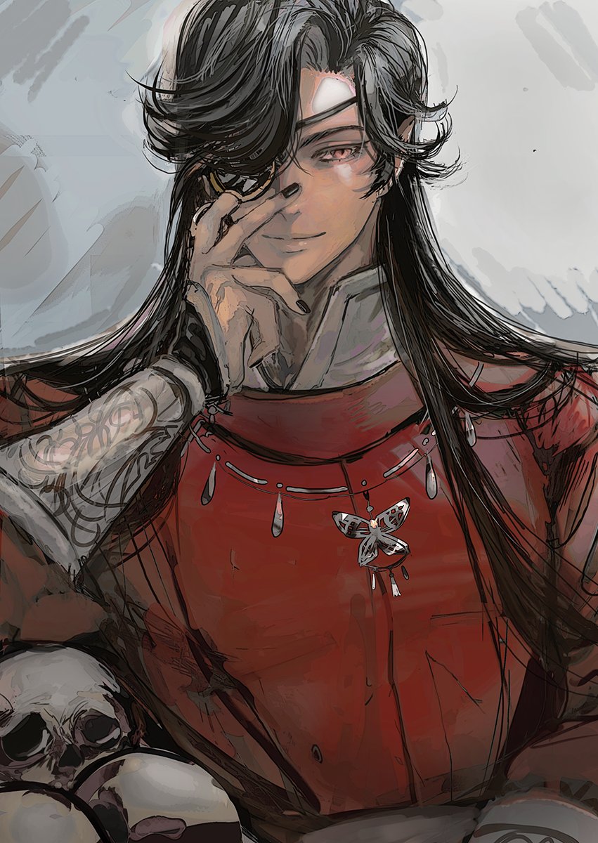 a drawing of an animestyle man with long black hair. he is wearing a red jacket, an eye patch, a monocle, and is smiling. he has one hand on his chin and is holding a skull with the other. he is sitting in a chair with a skull in his lap.