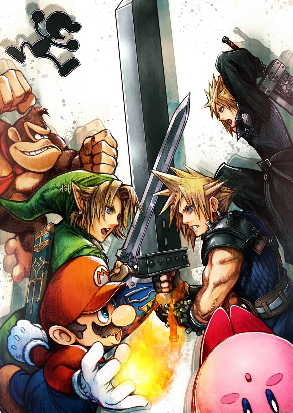 the image showcases a dynamic clash between iconic video game characters. mario, engulfed in a fiery aura, prepares to attack cloud strife from final fantasy vii. cloud, wielding his signature buster sword, squares off against mario, with link from the legend of zelda standing ready to assist. in the background, donkey kong appears ready to pounce, while kirby and mr. game & watch observe the intense confrontation. the scene is set against a minimalist white background, allowing the vibrant colors and dynamic action to take center stage.