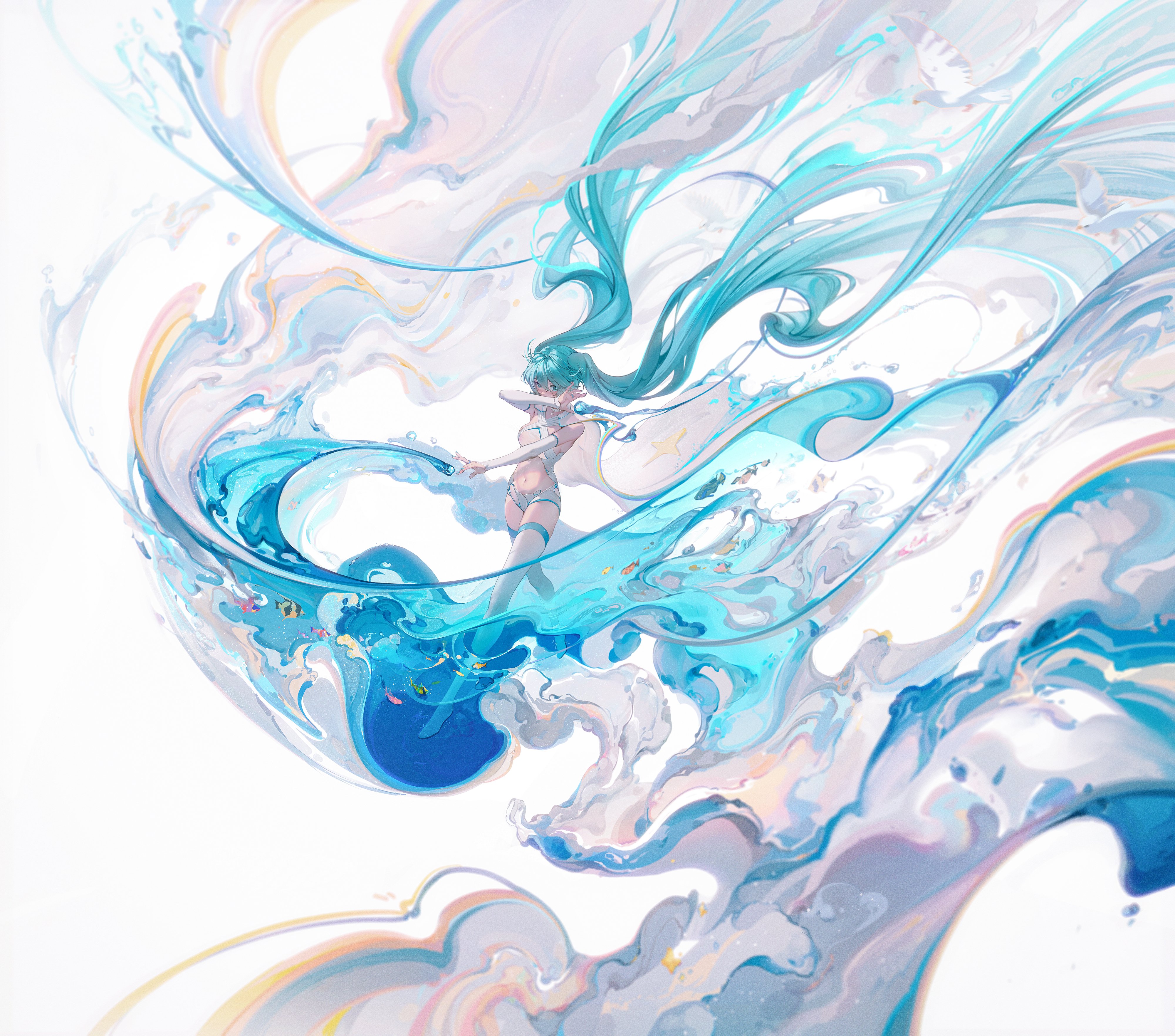 the image is a digital painting or illustration depicting an animestyle female character with long, flowing teal hair that blends seamlessly with swirling, abstract forms reminiscent of water or paint.  she's dressed in a light, almost diaphanous outfit, suggesting a sense of lightness and ethereal movement. the overall style is highly stylized, with vibrant, translucent colors and a focus on the dynamic flow and fluidity of the shapes.  small details, like fish or similar creatures, are subtly embedded within the fluid forms. the composition is heavily abstract, emphasizing texture and visual movement rather than precise anatomical detail. the overall mood is dreamy, magical, and peaceful.
