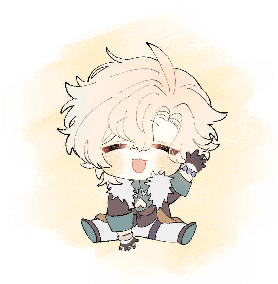 he image is a digital drawing of a chibistyle anime boy. he has fluffy, light blonde hair and is dressed in winter clothing, including a dark jacket with light fur trim, and light pants. he's sitting down, smiling happily, and his hand is raised to his head. the art style is soft and pastel, with a watercolorlike background. the overall mood is light and cheerful.