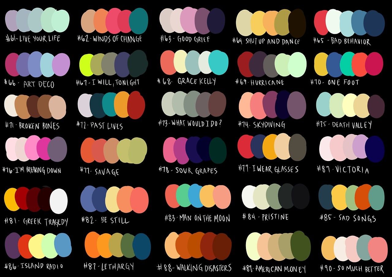 the image contains a grid of 30 small color palettes, each representing a specific idea or theme with a title. each palette shows a combination of colors represented by colored squares.