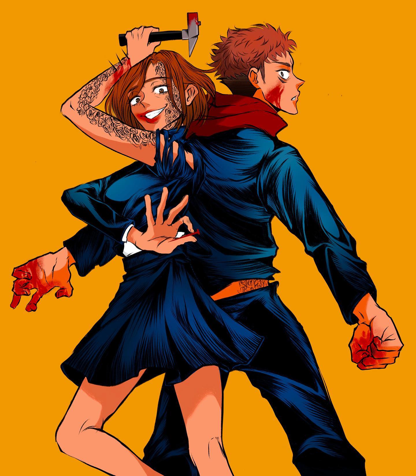 the image is a dynamic illustration in an anime/manga style. it depicts a young man and woman in a violent embrace. the woman, with tattoos on her arms, wields a bloody hammer, while the man is injured and also appears to be involved in the violence. their clothing is dark and stylized, the woman in a dark blue dress and the man in a dark jacket. the background is a solid, bright orange, which contrasts with the darker tones of the characters and creates a strong visual impact.  the overall mood is intense and dramatic, suggesting a scene of action and possibly conflict. the style is reminiscent of graphic novels or comics.