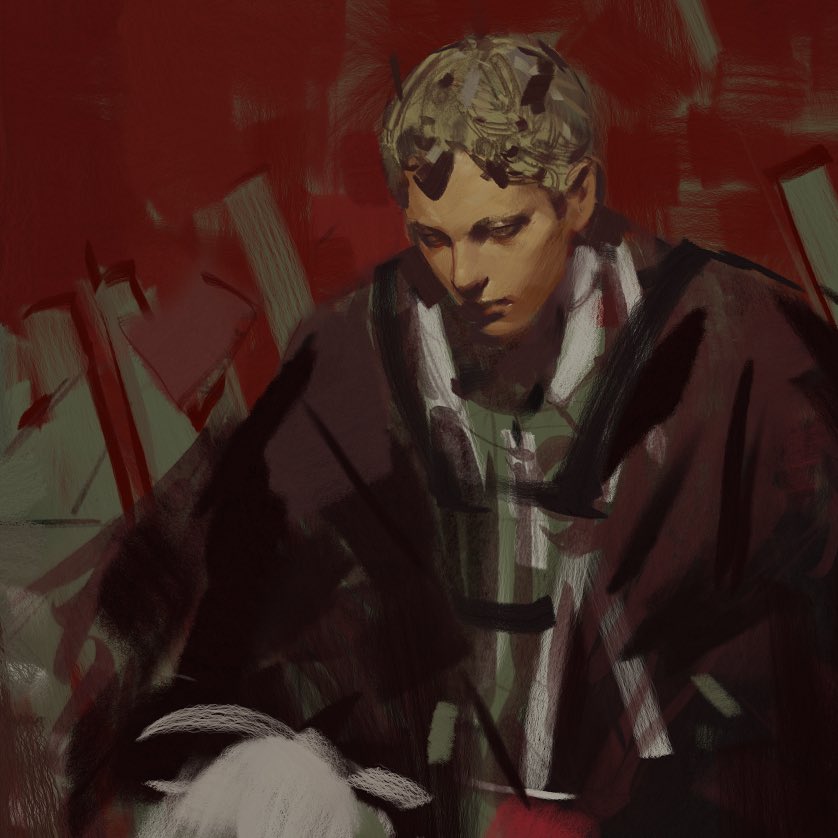 the image is a digital painting depicting a young man, possibly of fantasy or classical inspiration.  he is centrally positioned and occupies most of the frame. his expression is serious and contemplative, his gaze directed downward. the figure is rendered with loose, expressive brushstrokes creating a textured and somewhat impasto effect.  the color palette is predominantly dark, with reds and browns dominating the background and the subject's clothing being a mix of dark hues with some lighter areas that could be interpreted as fabrics with a pattern. the style is painterly and not photorealistic, prioritizing mood and feeling over sharp detail. the background is abstract and somewhat blurred, drawing focus to the central figure.  the overall impression is one of moodiness and quiet contemplation.