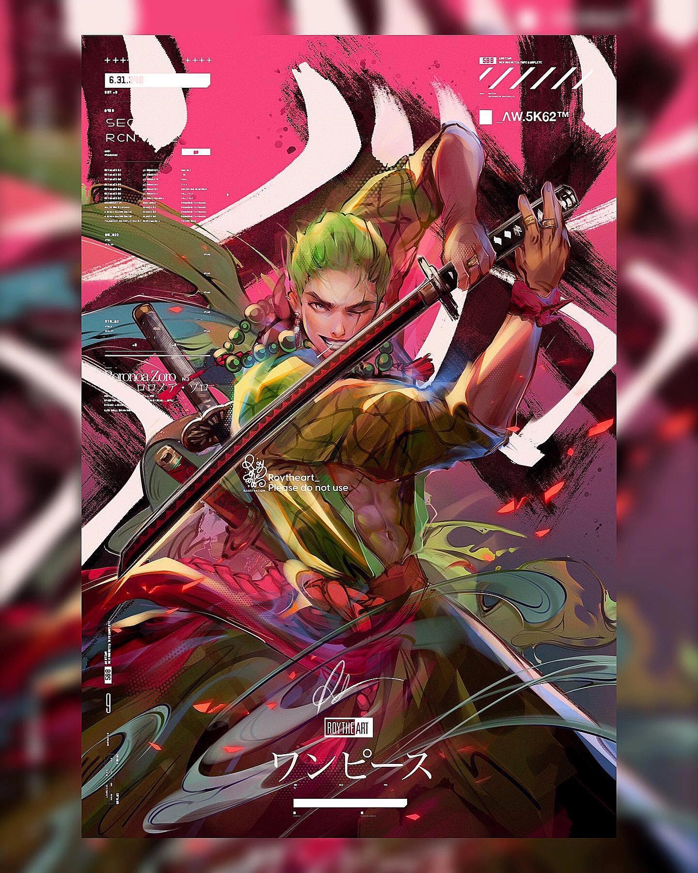this dynamic illustration features roronoa zoro from the anime one piece. rendered in a vibrant, almost neon color palette, zoro is captured midaction, his threesword style on full display.  the background is an abstract blend of pink and red hues, further emphasizing the energy of the piece. the artist's signature and the word "ワンピース" (one piece in japanese) are incorporated into the design.