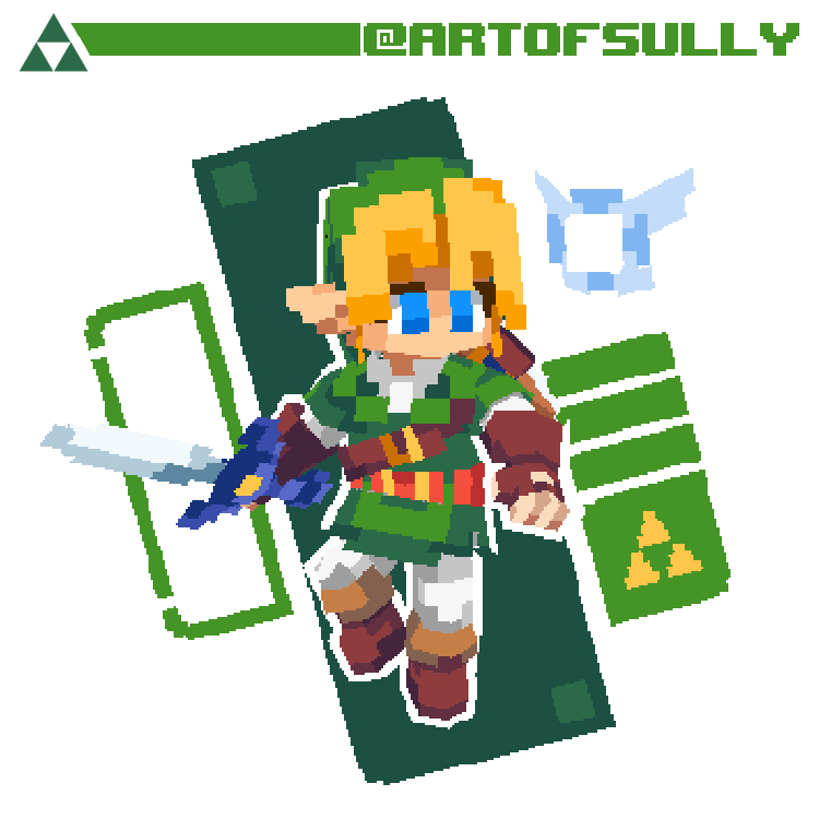this is pixel art of link from the legend of zelda: ocarina of time, jumping in the air. his companion, the fairy navi, is floating next to his head. the art style mimics the n64 era of video games. there is a decorative abstract border around link using green and black squares.