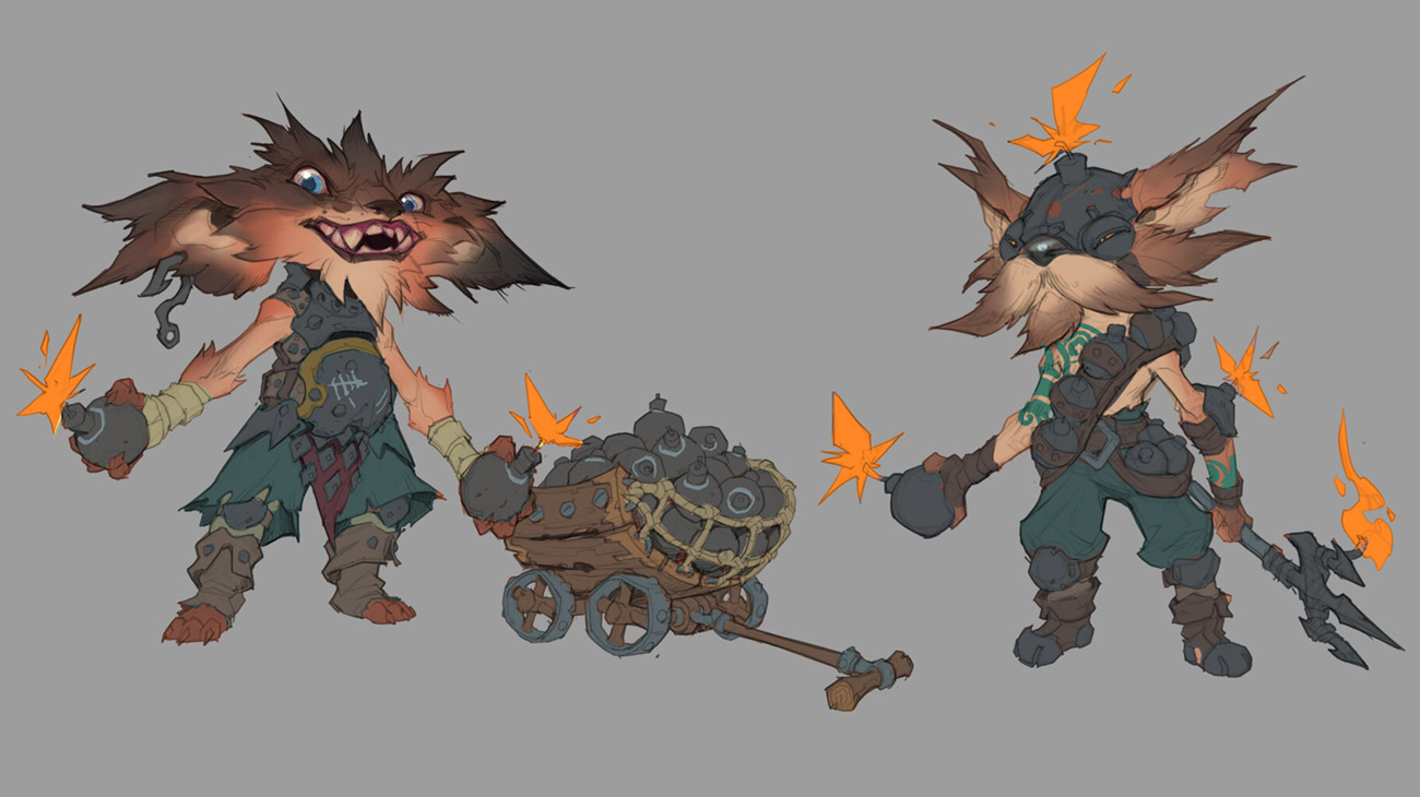 the image showcases concept art of two fantasy characters, seemingly foxlike creatures, possibly for a video game or similar project.  both characters are heavily armed with bombs, one carrying them in a small cart, and the other seeming to have them strapped to their body. one character appears younger and less battlehardened, while the other is more mature and heavily armored.  the style is a blend of fantasy and steampunk elements with a slightly rough and painterly digital painting style.  the color palette is muted, with oranges from the lit fuses contrasting with the mostly grey and brown characters and cart.