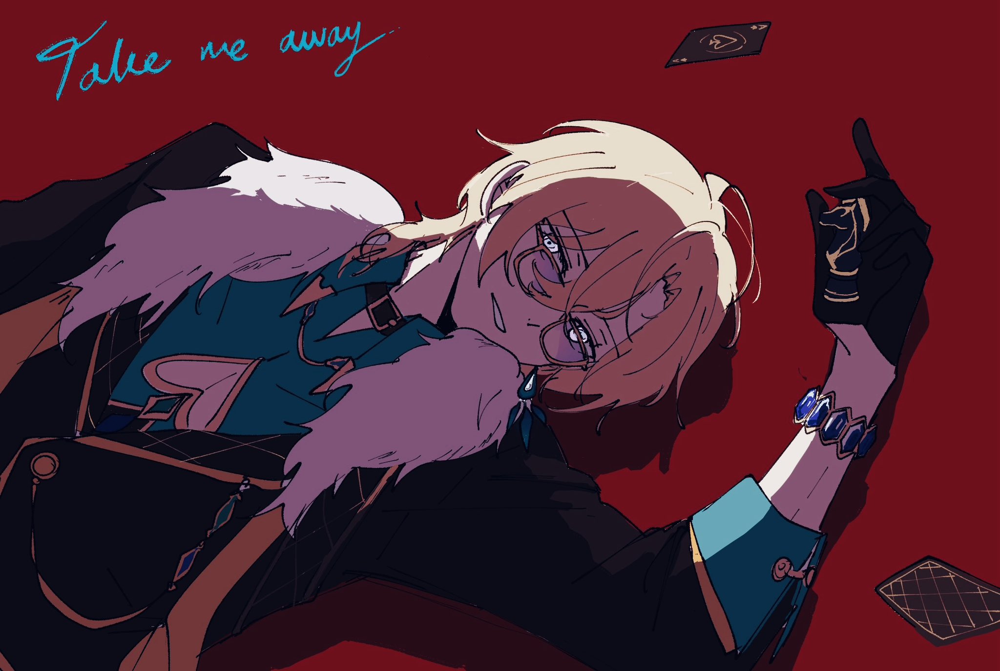an anime male character with blond hair is lying on a red surface. he has his head turned to the side with an expression of sadness or worry. he is wearing a dark suit with a blue and teal inner jacket. his left hand is raised and he is holding a playing card. there are two other playing cards scattered around him, one on his left side and one in the upper part of the frame. there is text in the upper part of the frame that says "take me away". the scene is drawn in a cartoon style.  the character is very emotive and has an aura of sadness or distress.  the red background gives a sense of danger or urgency.