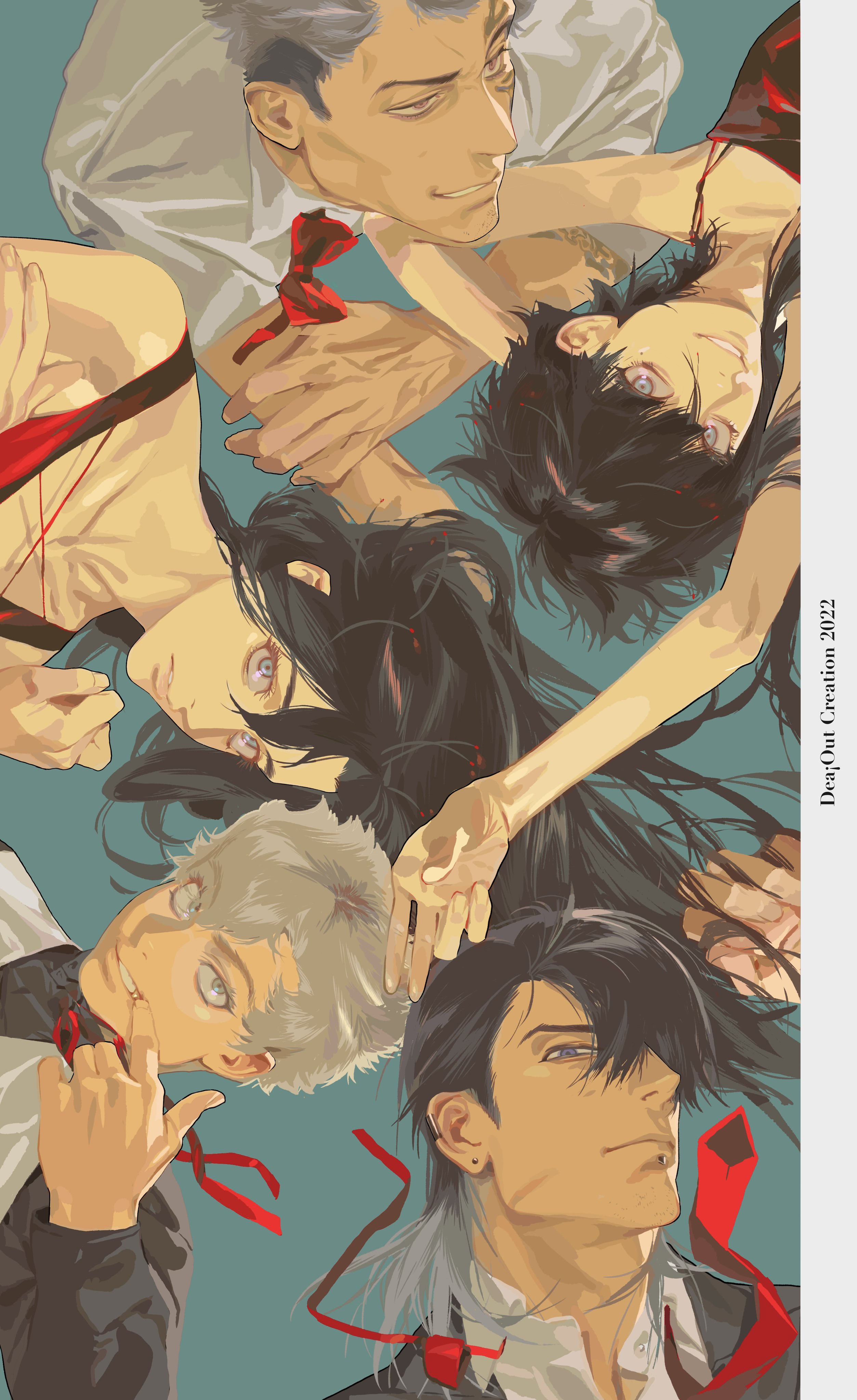 this is an animestyle artistic illustration featuring a group of stylishly dressed men and women. the composition is dynamic, with the characters arranged in a closeup and slightly overlapping manner. the color palette is dominated by muted tones, with stark contrast provided by the strategic use of red accents, especially in the ties worn by the men and the straps/details in the women's clothing. the characters have distinct features and expressions, suggesting individuality. the overall style is modern and fashionable.