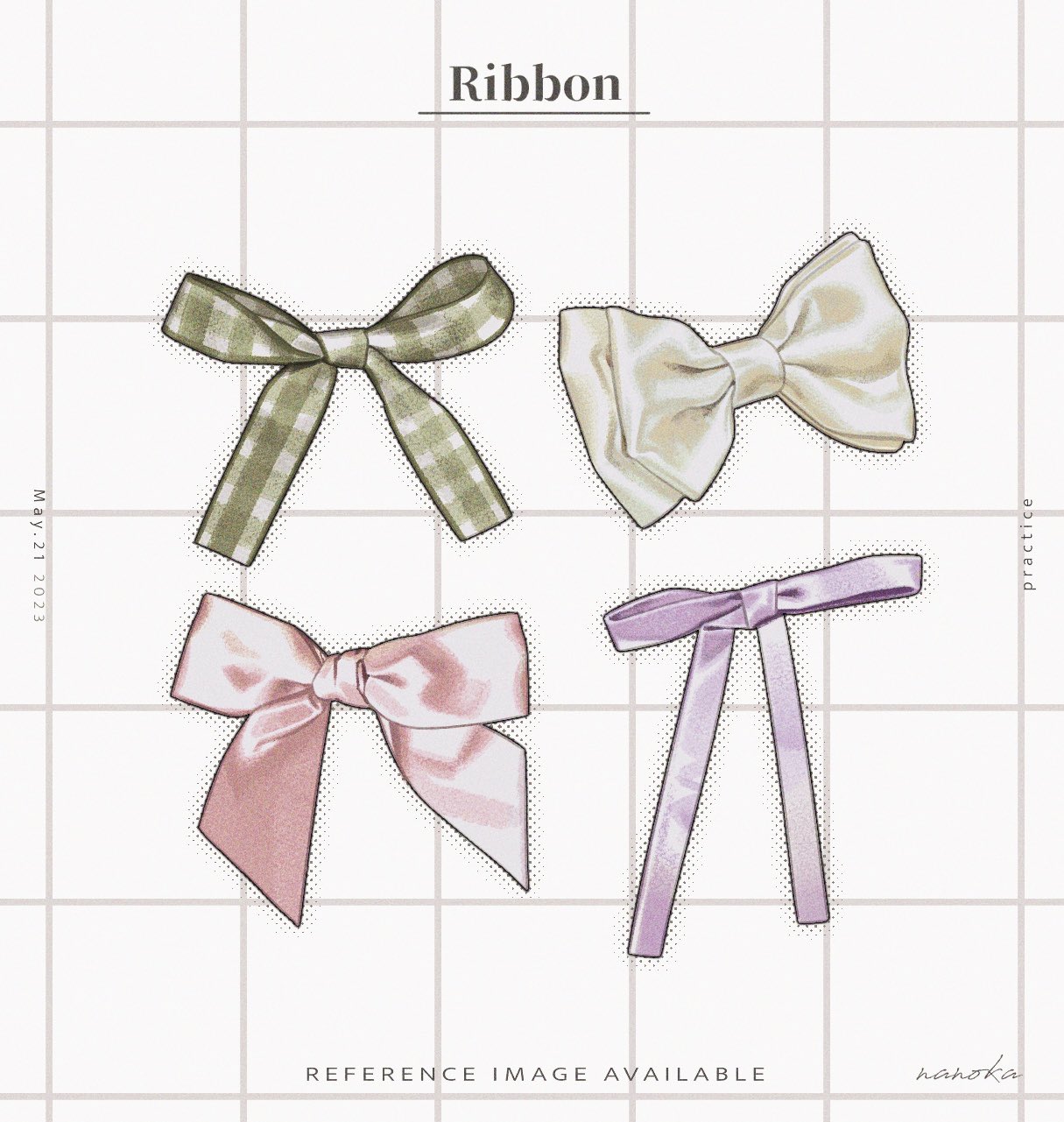 the image showcases four different types of bows made from various ribbons.  the top left bow is a gingham check pattern in a muted green.  to its right is a creamy offwhite satin bow.  the bottom left features a pale pink satin bow. lastly, the bottom right features a light lavender satin bow tied in a different style with long, loose tails. all the bows are illustrated in a delicate style reminiscent of watercolor, and are set against a gridded background. the words "ribbon" and "reference image available" are included, along with a watermarklike signature.