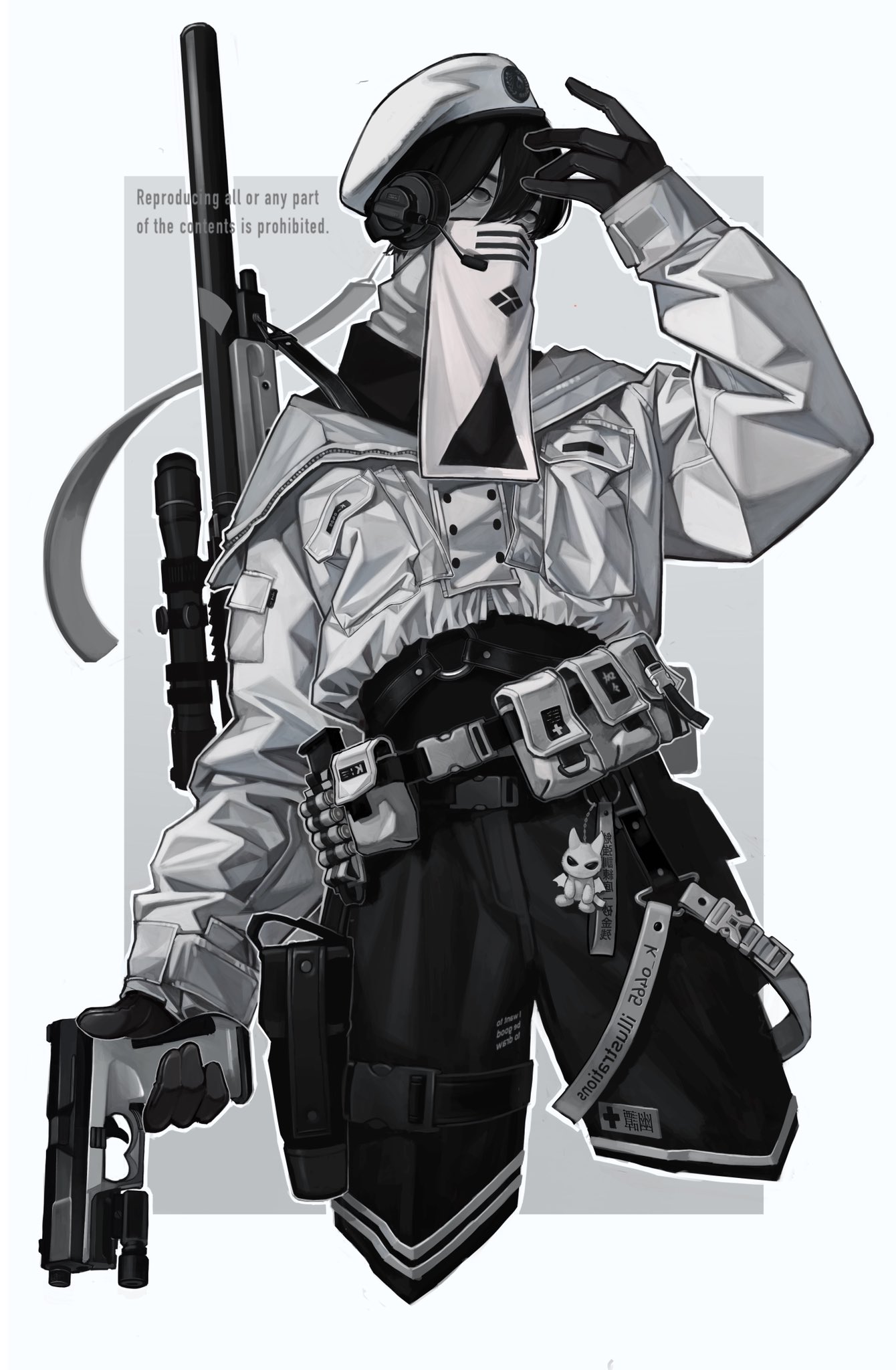 the image is a digital painting of an animestyle female soldier. she is dressed in tactical gear, including a beret, mask, and a variety of pouches and straps. she is holding a pistol and a rifle, and her overall appearance is one of combat readiness. the style is monochrome, with shades of gray dominating the image. the art style is detailed and realistic, with a focus on textures and shading. the background is simple and uncluttered, allowing the focus to remain on the character.