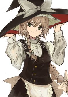 the image showcases a single female character, drawn in an anime/manga style, dressed as a witch. she is wearing a distinctive black and white witch's hat with a large bow and a black and white dress with a ruffled apron.  she has green eyes and long brown hair styled in braids. the lighting is soft, giving the image a gentle feel, and the character is positioned facing forward, engaging the viewer directly.