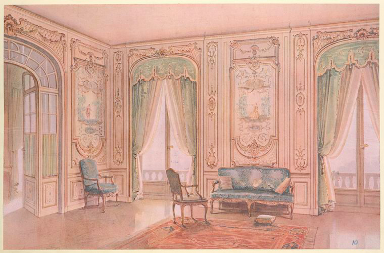 an image of a lavishly decorated interior with frenchstyle architecture. the room features ornate decorative panels, pastelcolored walls, and large windows draped with elegant curtains. a blue sofa and a chair are placed on an ornate rug, adding to the luxurious ambiance. the room opens to a balcony through arched doorways, providing a glimpse of the outside. the scene is a fine art rendering, likely a painting or illustration capturing a historical or classical architectural style.