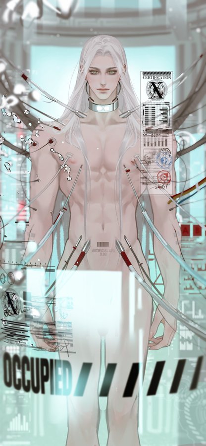 this digital sketch showcases a muscular man with flowing white hair, positioned within a futuristic, clinical setting. he stands shirtless, his body adorned with intricate technological implants and wires that crisscross his torso. the environment is sterile and bright, characterized by metallic accents and translucent panels displaying digital graphics and the word "occupied".