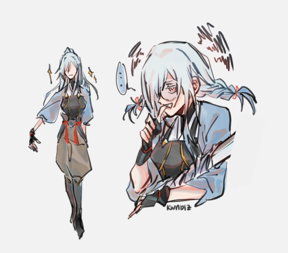 the image is a digital illustration of a young woman with white hair, blue eyes, and red ribbons. she is wearing a blue shirt, brown pants, black gloves, and a sword. she is smiling confidently. the image is drawn in a stylized anime style.