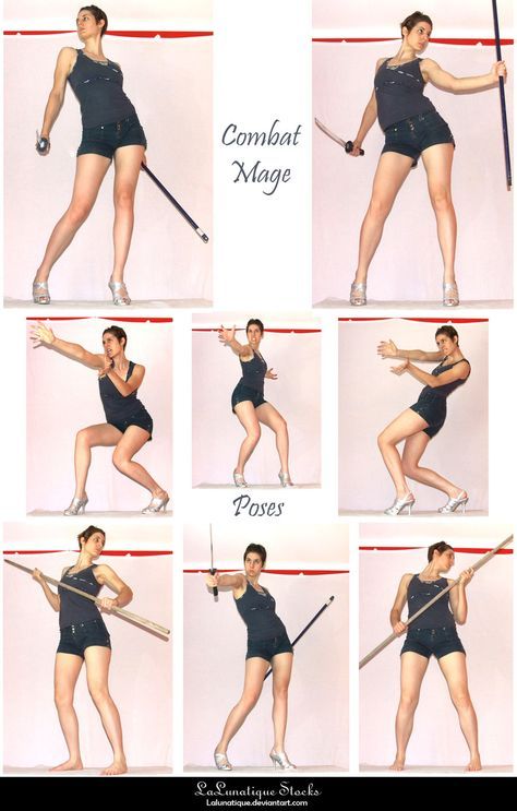 this image is a collection of poses, for reference, for drawing characters of woman characters in action, posing with weapons. in each pose, the woman is dressed in a dark tank top and shorts, holding a sword, or staff, in a dynamic fighting pose. the image is labeled "combat mage" and "poses".