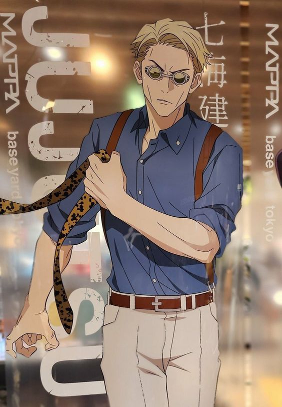 a promotional poster featuring nanami kento, a character from the popular anime and manga series jujutsu kaisen. the poster is displayed on a glass surface with reflections visible. nanami is depicted in his signature attire, including a blue shirt, lightcolored pants, and his iconic sunglasses. he holds his leopardprint tie, seemingly ready for action.