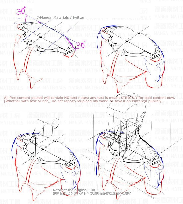this is a tutorial on how to draw human anatomy, specifically focusing on the shoulder and head in different perspectives. the tutorial is illustrated with four different poses and includes lines showing how to construct the shoulder and head with perspective. there are also angle measurements written next to the lines. the caption mentions that this content is free but any further use of the content requires payment. the tutorial also encourages users to retweet the original post.