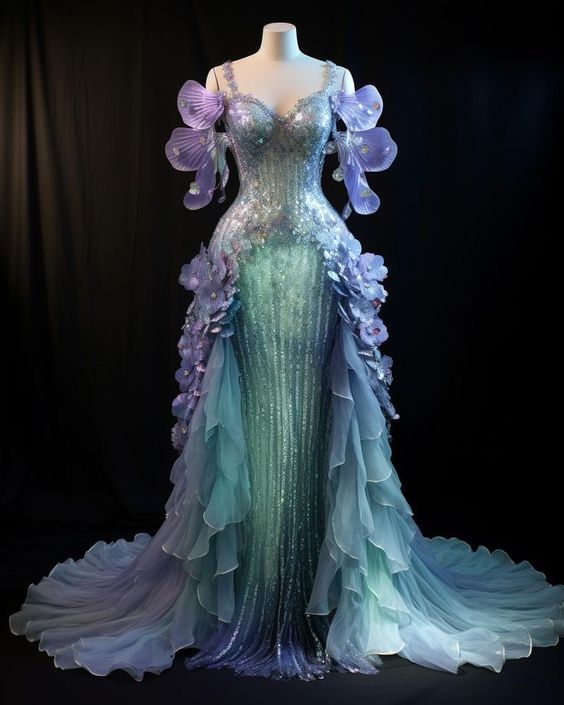 a stunning, mermaidstyle gown adorned with sequins, tulle, and delicate floral embellishments. the dress is a cascade of blues, greens, and purples, creating a mesmerizing and ethereal effect. the bodice is fitted and embellished with intricate sequins, while the skirt flows dramatically, resembling the tail of a mermaid. the overall impression is one of elegance, glamour, and fantasy.