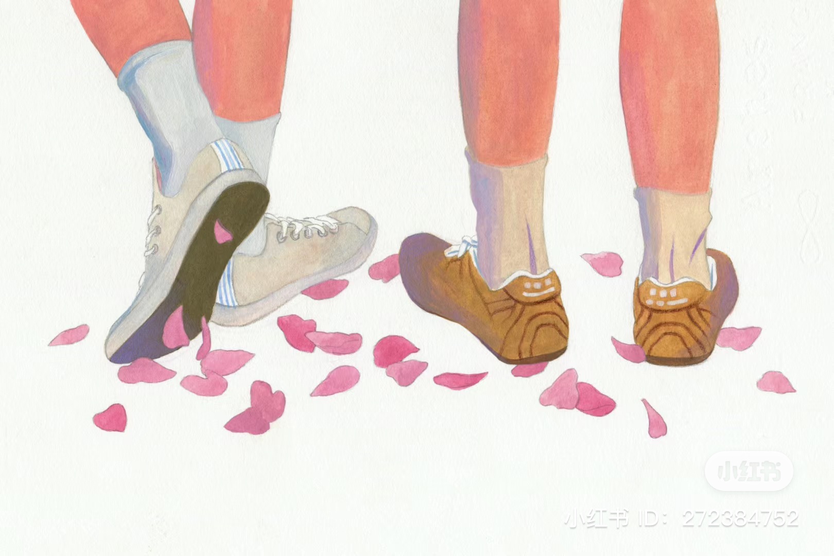 the image shows the legs and feet of two people, likely a couple, standing close together. they are wearing sneakers, one person in white with blue stripes, the other in brown. scattered on the ground around their feet are pink flower petals, suggesting a romantic atmosphere.