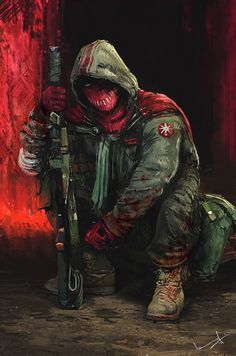 the painting showcases a lone figure, likely a stalker or soldier from a postapocalyptic world. clad in a hooded jacket and armed with a rifle, he crouches in a dimly lit interior space, possibly abandoned or dilapidated. his mask, adorned with a red symbol, adds to his intimidating aura. the overall palette is dominated by dark, earthy tones, emphasizing the grim atmosphere of the setting.