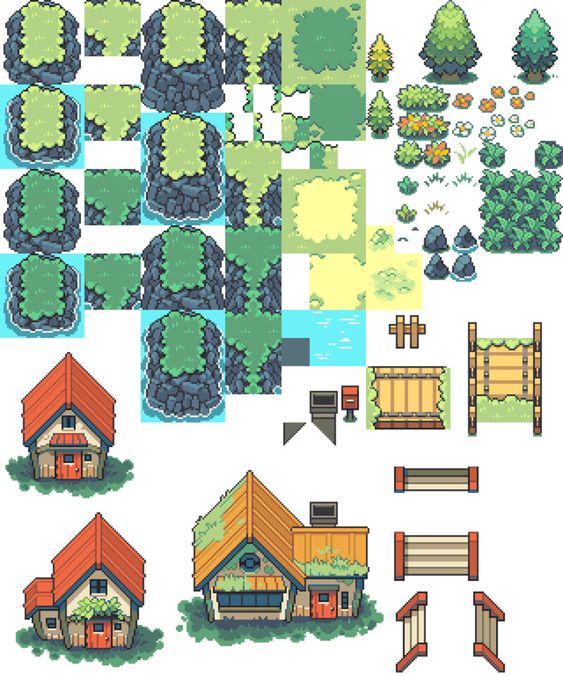 the image is a collection of pixel art assets for a game, likely a roleplaying game (rpg). it features two different styles of houses, various ground tiles like grass and rock, trees, flowers, river elements, a path, a wooden bridge, fences, and benches. all elements are depicted in a cute and colorful pixel art style, ideal for creating a charming and inviting game world.