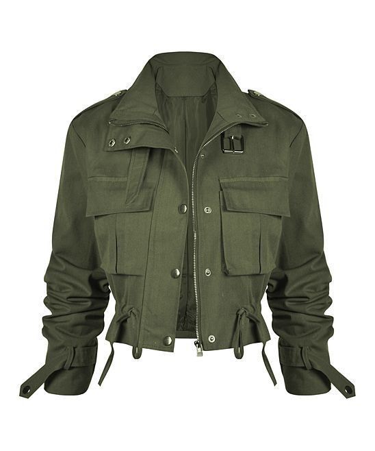 a green cropped utility jacket with zipper closure, flap pockets, and button detailing.  it has a relaxed, casual style and is made from a durable fabric.
