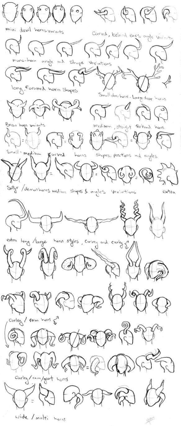 he image is a collection of sketches depicting various styles and shapes of horns. it's organized into sections illustrating different horn types (mini devil horns, curved horns, long horns, small horns, etc.), horn placements, and combinations. each section showcases multiple variations within the category, presenting a comprehensive guide to horn design for artists and designers. the sketches are simple line drawings, making it easy to understand the various shapes and styles.  the title of each section is written out and explains the subject.