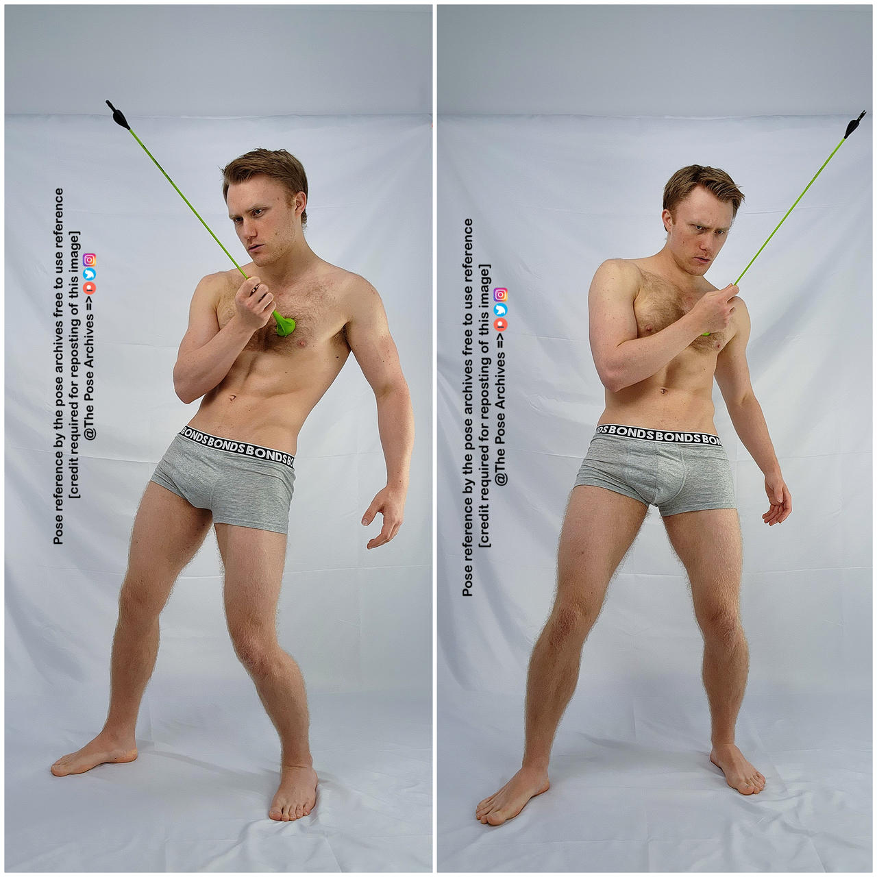 a caucasian male is standing wearing grey underwear and holding a yellow object attached to a stick, posing for a photo reference picture.