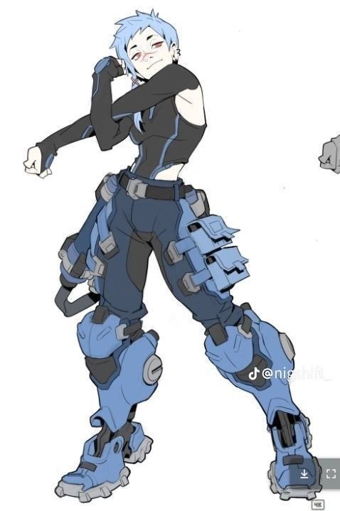 he image shows a stylized drawing of a female anime character. she is depicted in a dynamic pose, seemingly midaction. the character has short, light blue hair and is wearing a futuristic outfit that includes armor plating, particularly on her legs and lower body. her clothes are mainly dark grey and blue. the style is reminiscent of concept art for video games or animation. the overall aesthetic blends elements of cyberpunk and mecha design.  the drawing's style is relatively clean, with a focus on clear lines and a muted color palette. a watermark suggests the artwork's creator.