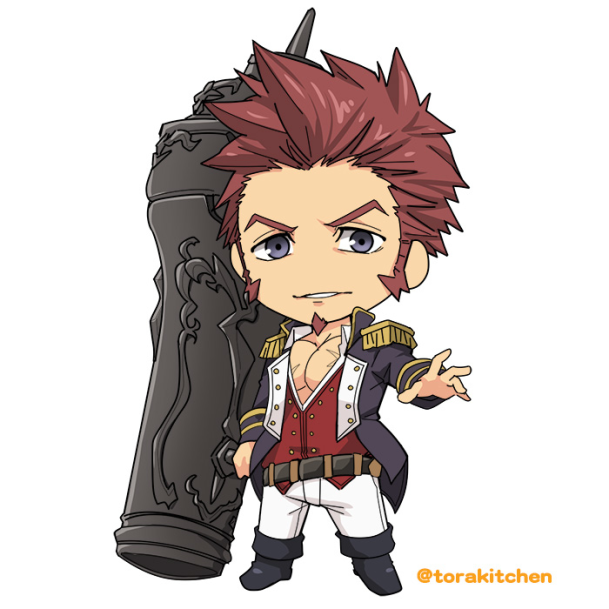 a chibistyle male character with spiky red hair and a confident expression. he's wearing a militaryinspired outfit with a red and white color scheme, and he's holding a large, ornate gun over his shoulder.