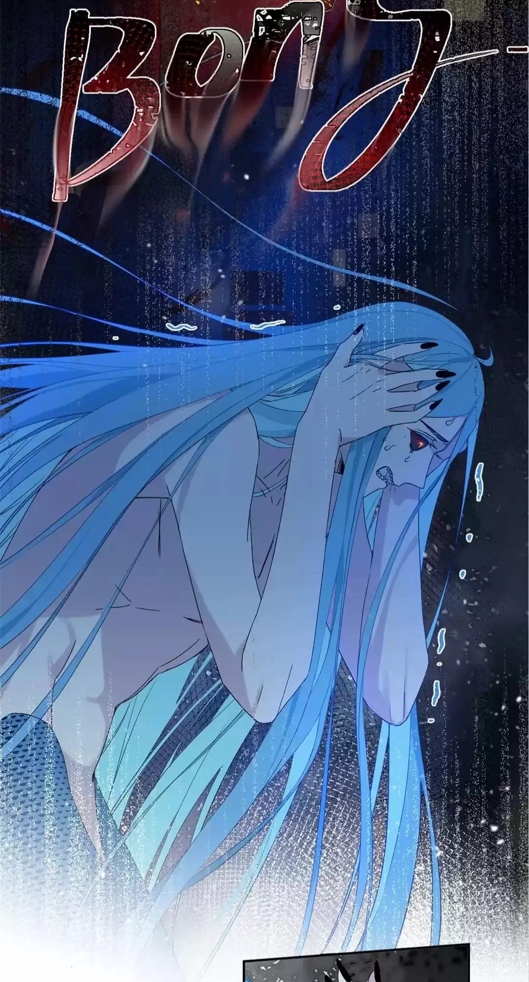 the image is a digital illustration or panel from a manga, manhwa, or similar comic. it depicts a female character with long, flowing, vibrant blue hair, who appears to be a mermaid. she is shown from the waist up, her upper body exposed, and her expression is one of intense sadness and distress.  she is clutching her face with both hands, tears implied. the background is dark blue and suggestive of an underwater environment or a stormy sea, with the word "bond" written in large, stylized red letters across the top. the overall mood and style are highly dramatic and emotional, leaning toward fantasy or magical realism.