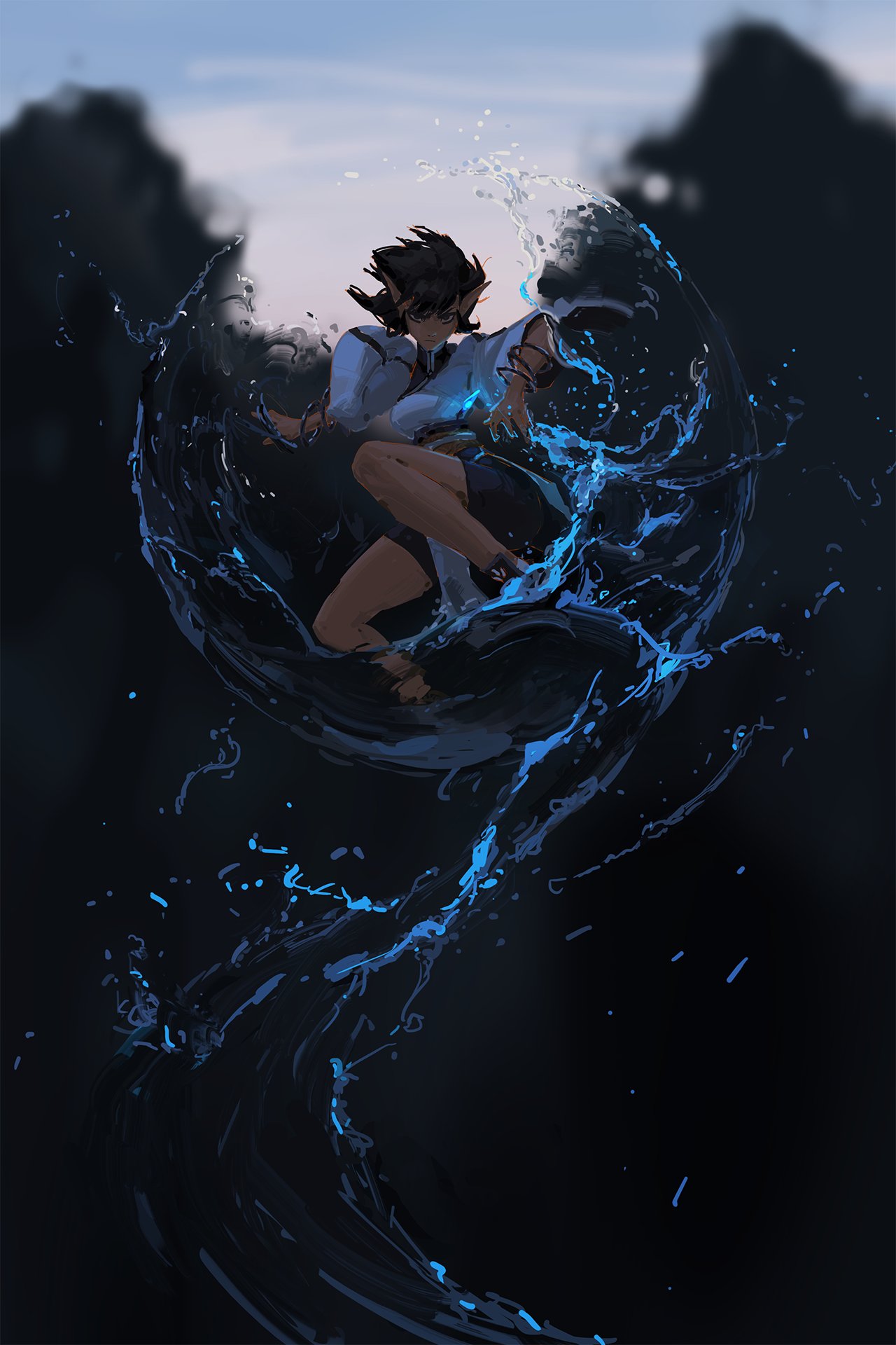 the digital painting depicts a stylized female character, possibly an elf,  immersed within a swirling vortex of dark blue water.  she is centrally positioned, appearing to be controlling or interacting with the water, which flows dynamically around her body. the character's clothing suggests a magical or fantasy setting, and her pose is active and suggestive of power. the background is dark and atmospheric, with indistinct silhouettes suggesting trees or a landscape. the overall style leans towards anime or fantasy illustration, with a focus on motion and mystical elements.  the color palette is primarily dark blues and blacks, with accents of lighter blue in the water's movement.