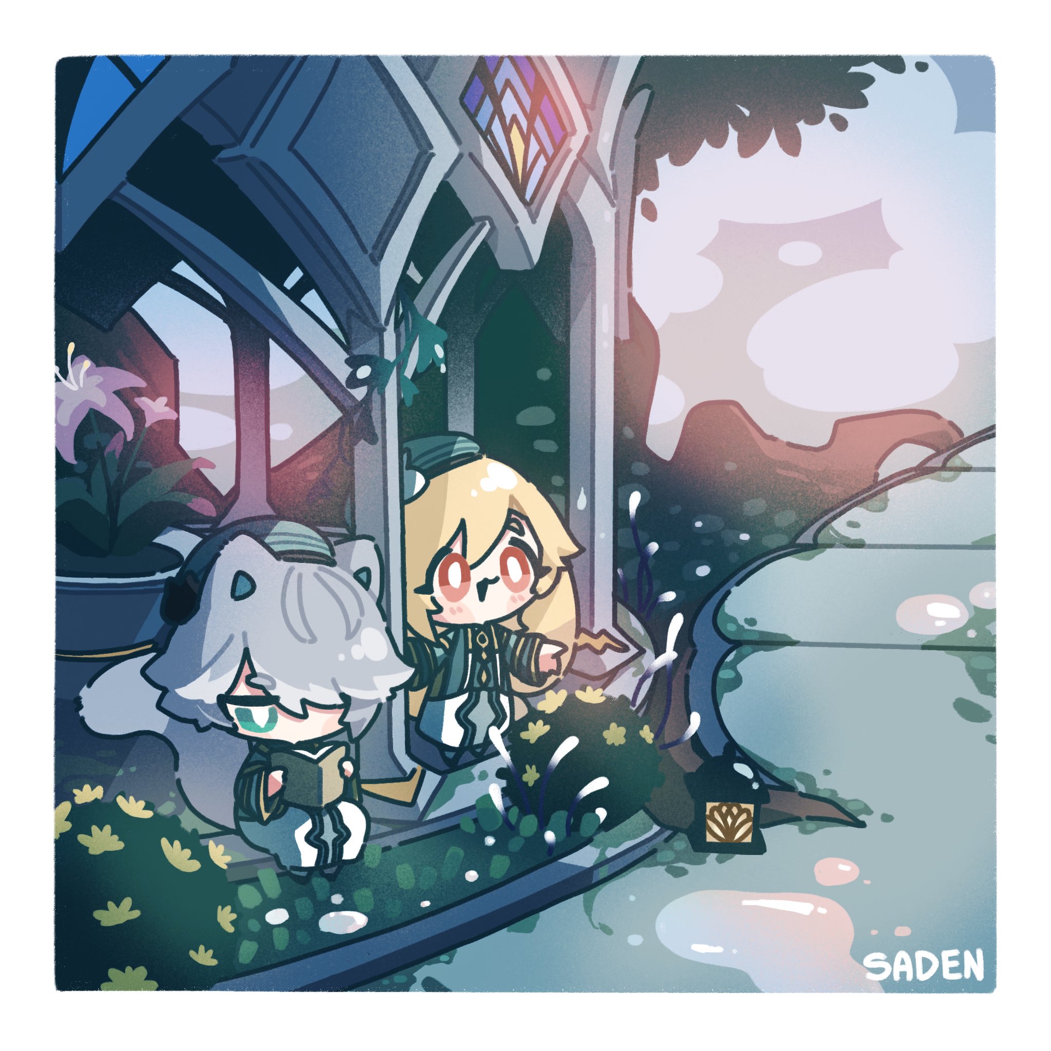 the image is a digital illustration, likely fanart, featuring two chibistyle anime girls in a fantastical setting. one girl, with silver hair, is sitting and reading a book. the other, with blonde hair, is sitting nearby, perhaps playfully splashing in a small water feature.  they are situated near a stone building with gothic architecture, surrounded by lush flowers and greenery. the scene is peaceful and serene, with a soft sunset or twilight ambiance. the artist's signature "saden" is visible in the bottom right corner. the overall style is cute and whimsical.