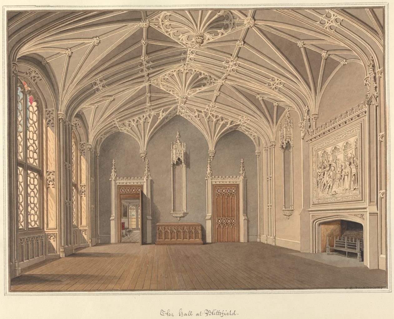 an interior view of "the ball at blottsfield" depicting a grand hall with a vaulted ceiling, gothic architecture, windows, a fireplace, a relief sculpture above the fireplace, and doors. the artwork is a drawing.