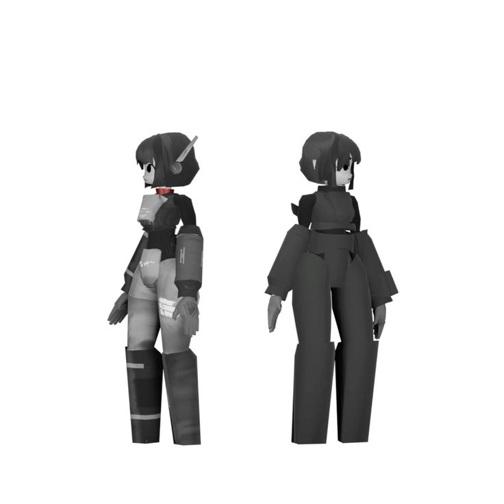 the image shows a 3d model of a female animestyle robot. two poses of the same robot are presented: one from the side and one from the front. the robot has short black hair, wears headphones, and is dressed in a futuristiclooking outfit. the model exhibits a blend of human and mechanical features, characteristic of android designs.