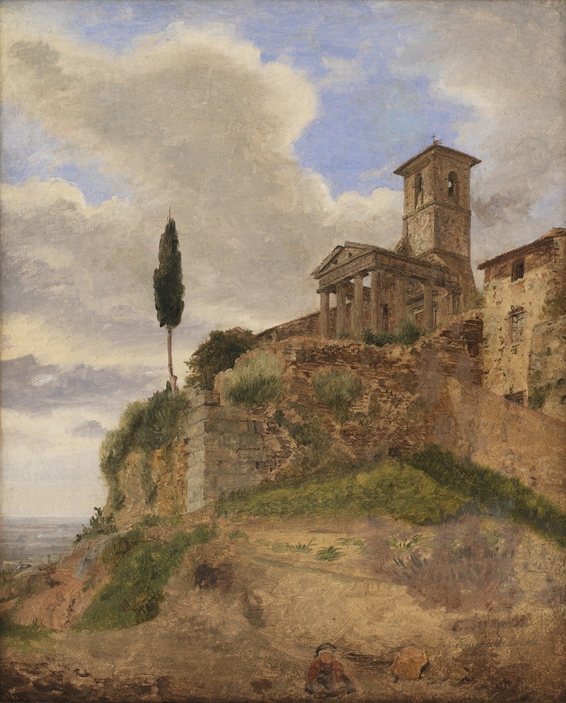 the painting depicts a landscape featuring ancient ruins and a church atop a hill. the sky is filled with clouds, and a tall, thin tree stands to the left of the ruins. a tower is attached to the church, and there is a figure visible near the bottom of the hill. the scene is bathed in natural light, suggesting a daytime setting. the ruins are weathered and worn, adding to the historical feel of the landscape.