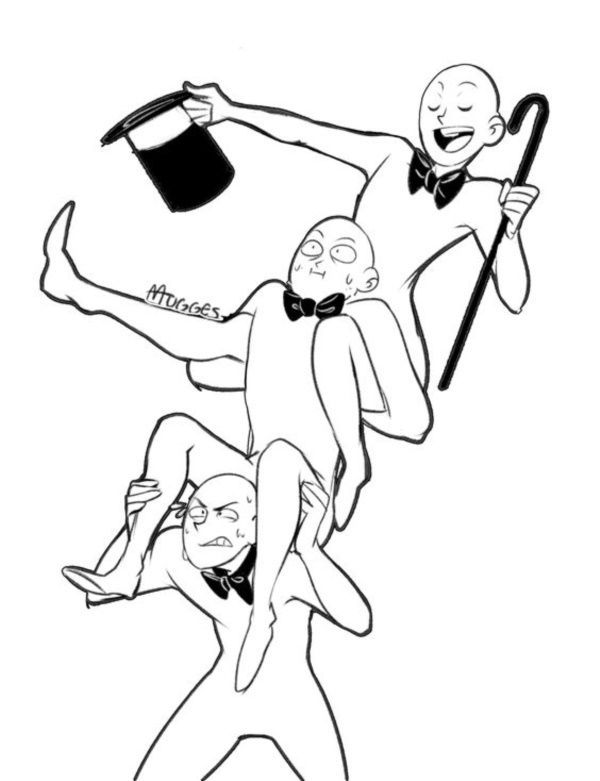 this is a line drawing of three figures in a pose. the first figure is holding a hat in his right hand and the second figure on his shoulders. the second figure is holding the third figure in his arms. this drawing is a good reference for learning how to draw people in different poses.