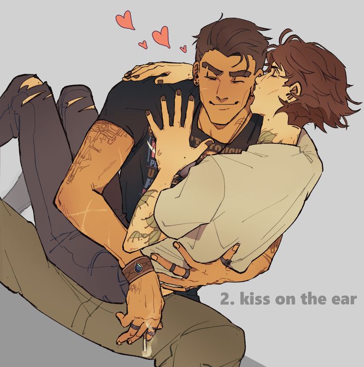 the illustration shows a tender moment between two men. one, with dark hair and tattoos, is being embraced from behind by another man with lighter hair.  the person in the back is leaning in to kiss the other on the ear. they are both casually dressed and appear affectionate, with several small hearts floating around them, signifying romance. the art style is a loose, illustrative style common in fanart, with softer lines and muted colors. the image is labeled "2. kiss on the ear", suggesting it's part of a larger series. the overall tone is intimate and loving.