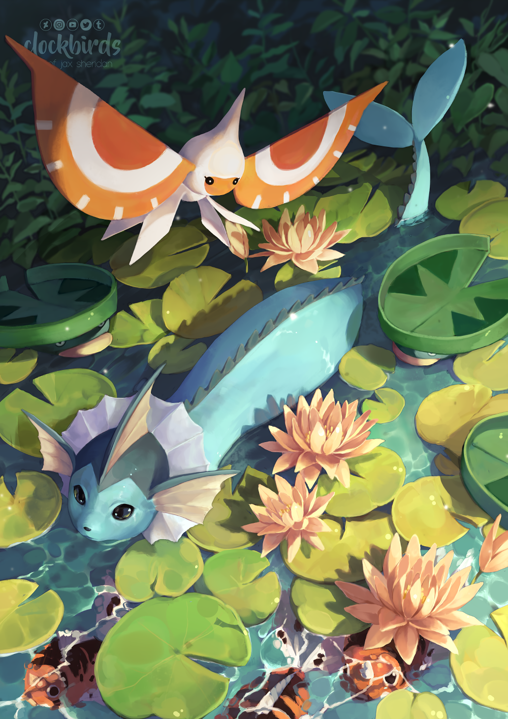 the image shows two pokémon, a milotic and a finneon, in a pond filled with lily pads and flowers. the milotic, a large, serpentine pokémon, is mostly submerged, its blue and white body gracefully winding through the water. its head, with its long, flowing fins, emerges from the water, its large, blue eyes gazing serenely ahead. above the milotic, a finneon, a smaller, fishlike pokémon with large, orange and white fins, swims through the air. the finneon's body is white, and its eyes are large and black. the pond is filled with large, green lily pads, some of which are topped with delicate, pink and yellow flowers. the water is clear and reflects the sunlight, creating a sense of peace and tranquility. small orange fish swim beneath the surface.
