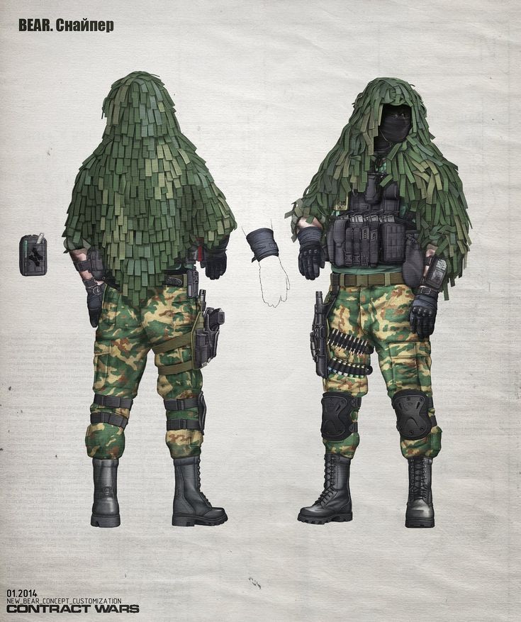 this is an illustration of a soldier from the video game contract wars. the soldier is wearing a ghillie suit, camouflage pants, a tactical vest, and black boots. they are holding a rifle. the soldier is standing in a combat stance, with their gun pointed forward. the illustration is drawn in a digital style.