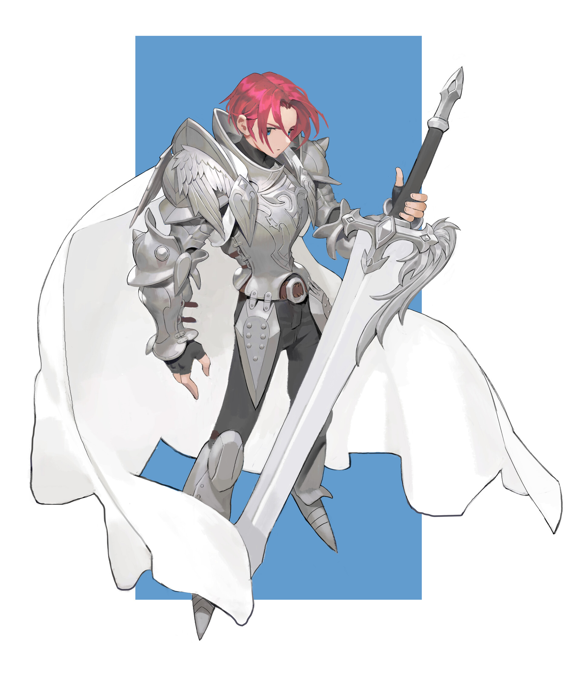 an animestyle full body illustration of a man in armor with a white cape, holding a large sword. he has red hair and a serious expression. the background is a light blue rectangle.