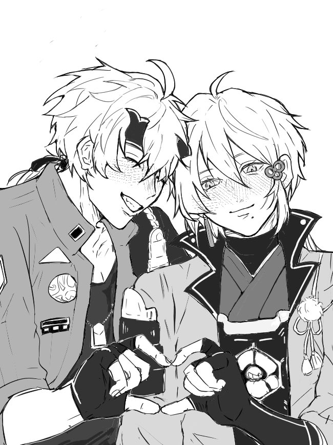 a black and white anime drawing of two boys, one with spiky hair in a jacket and one with long hair in a traditional style outfit, cuddling. they are looking at each other with smiles. the drawing is in a manga style, with thick lines and exaggerated features. they are holding hands and looking at each other.  the image is drawn in a cute and lighthearted style.